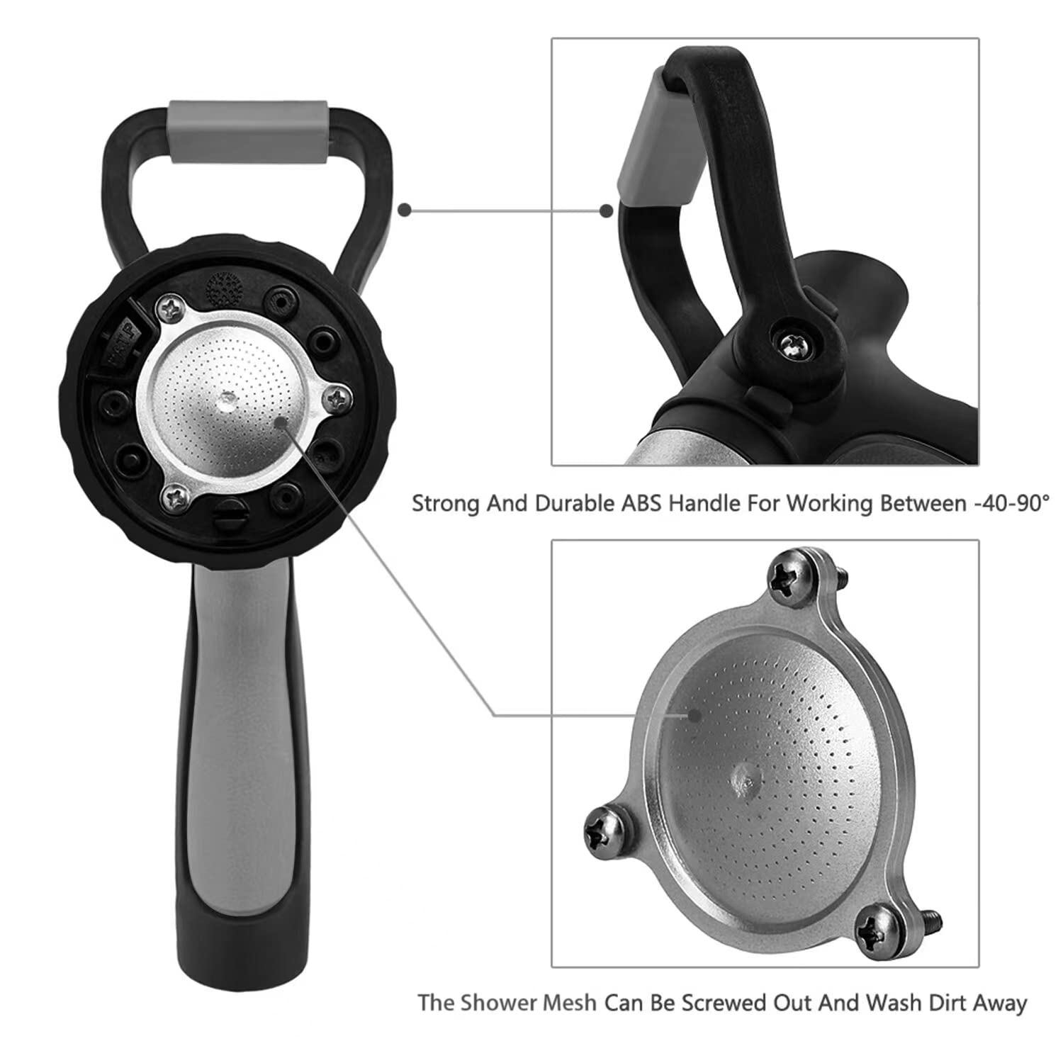 GREEN MOUNT Garden Hose Nozzle showing three mist patterns