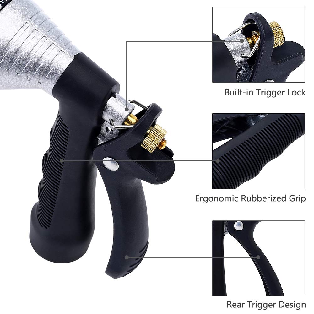 GREEN MOUNT Water Hose Nozzle attached to a standard garden hose