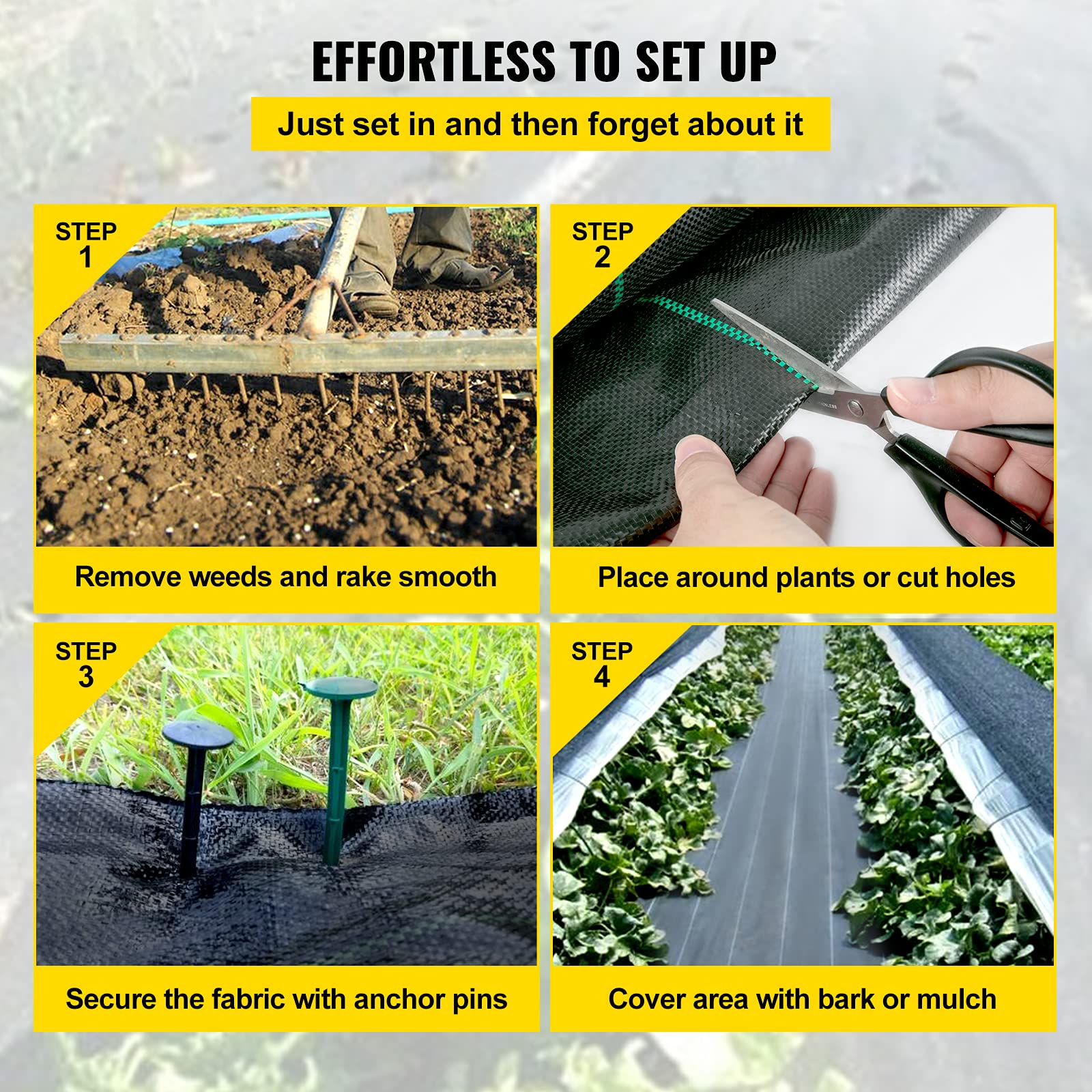 Green stripes on Happybuy weed barrier fabric for plant alignment