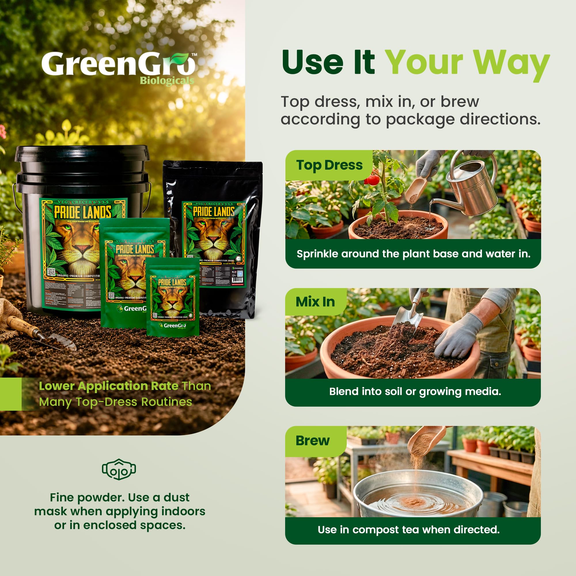 GreenGro Pride Lands Veg fertilizer in garden setting