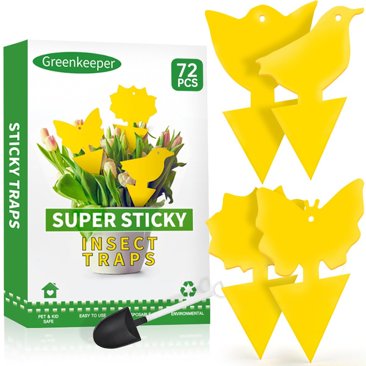 Greenkeeper Sticky Traps pack showing yellow insect catchers in four shapes