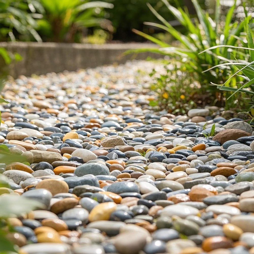 GreenVibe colorful pebbles in a garden path