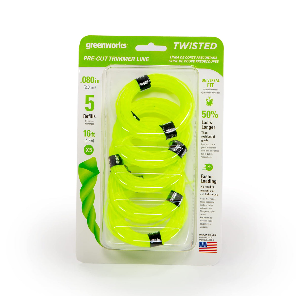 Greenworks 0.080" Pre-Cut Twisted String Trimmer Line pack front view