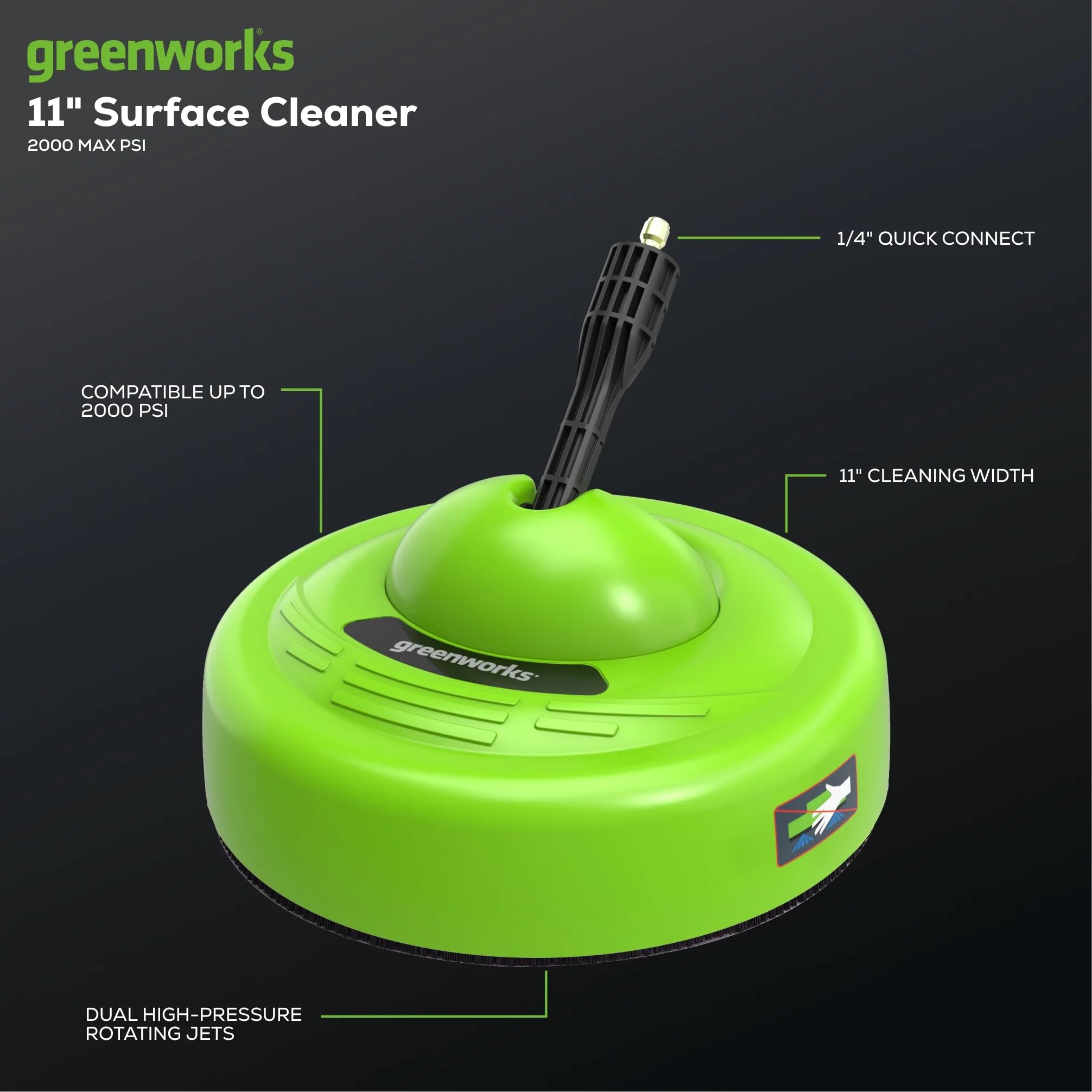 Greenworks 11-inch Surface Cleaner side view showing attachment details