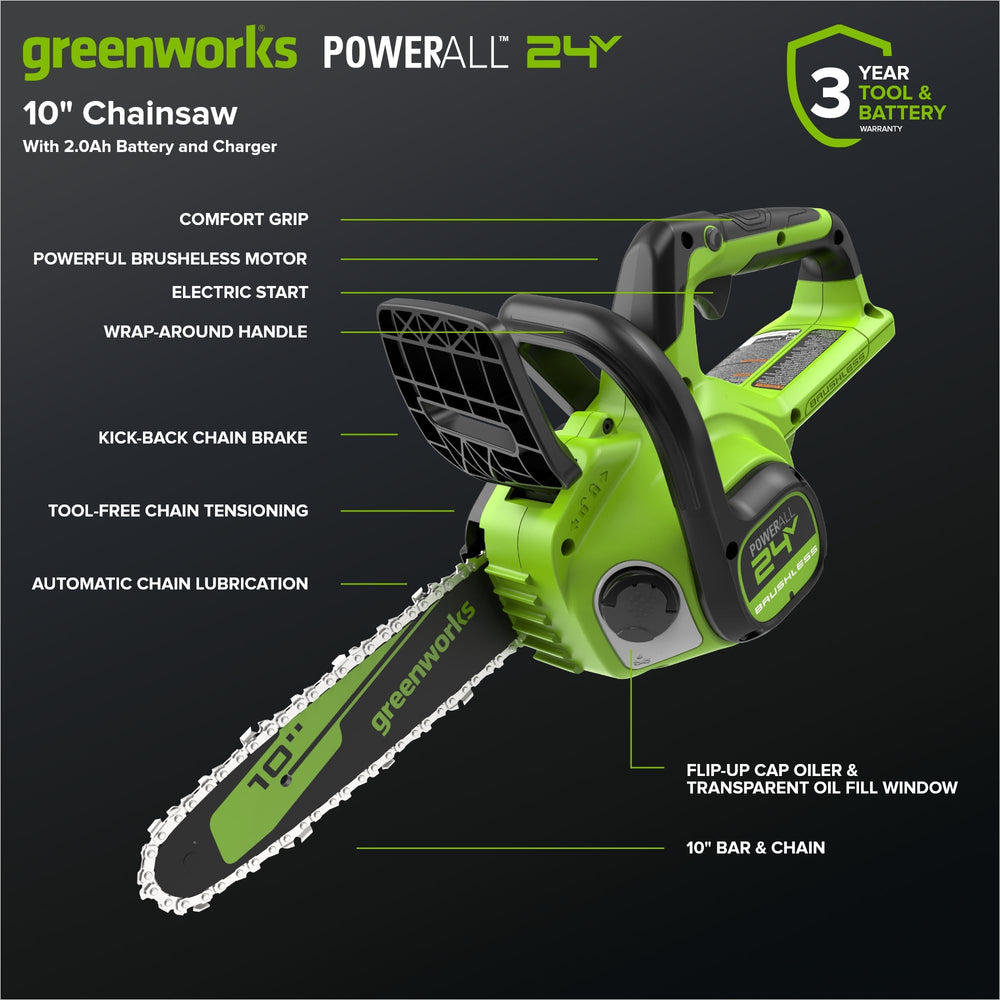 Greenworks 24V 10 in Compact Electric Chainsaw side view