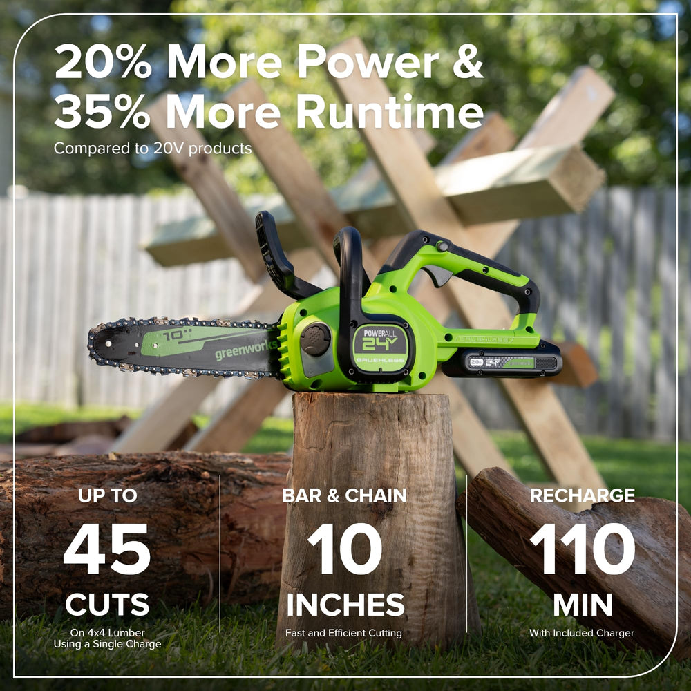 Greenworks 24V 10 in Compact Electric Chainsaw with battery and charger
