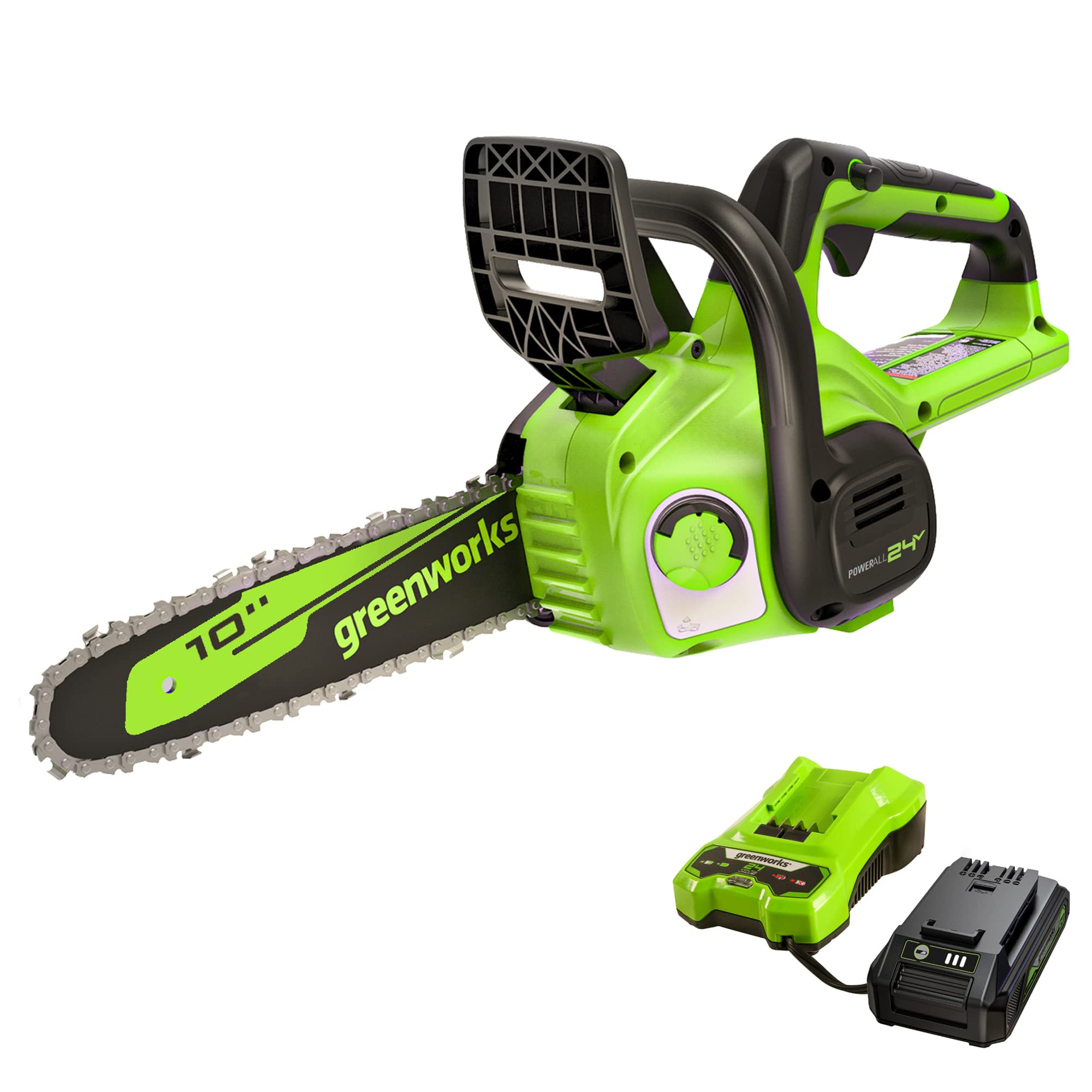 Greenworks 24V 10-inch cordless chainsaw front view
