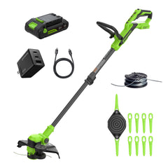 Greenworks 24V 12" String Trimmer front view with battery