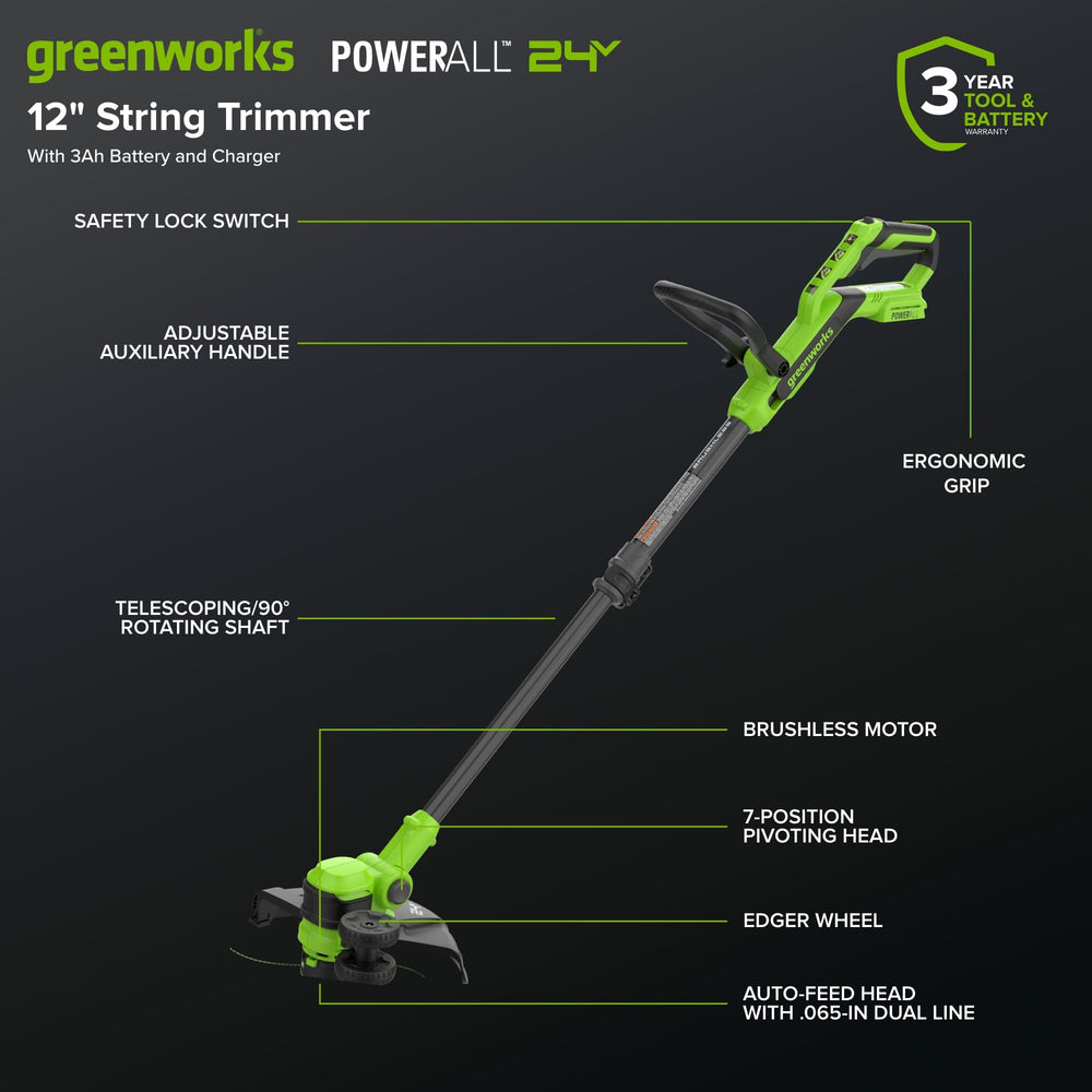 Greenworks 24V 12" String Trimmer side view showing cutting path
