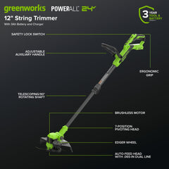 Greenworks 24V 12" String Trimmer side view showing cutting path