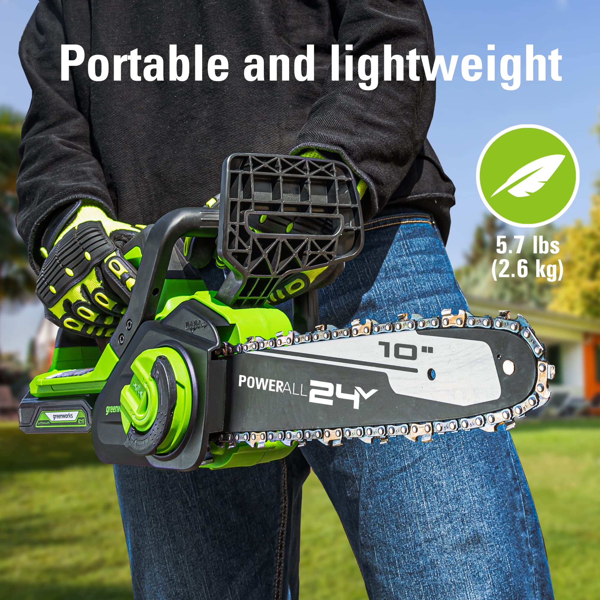 Greenworks 24V chainsaw side view with hand guard