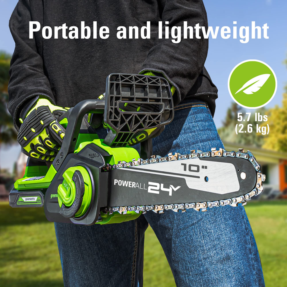 Greenworks 24V chainsaw side view with hand guard
