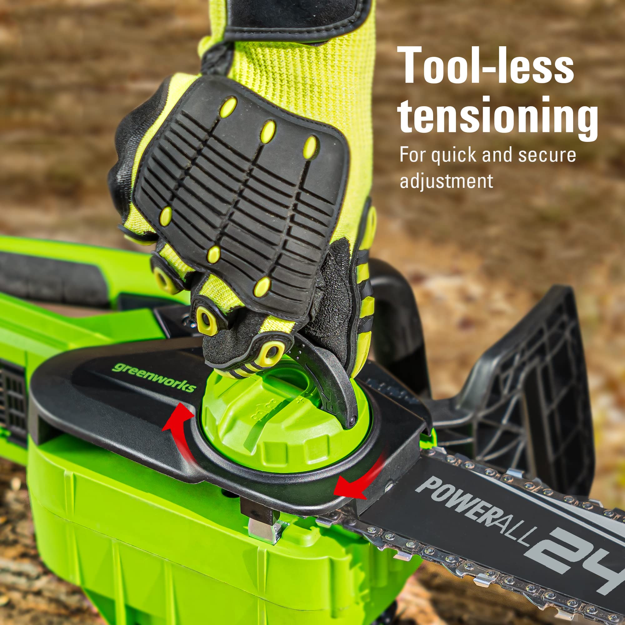 Greenworks 24V chainsaw tool-less tensioning system