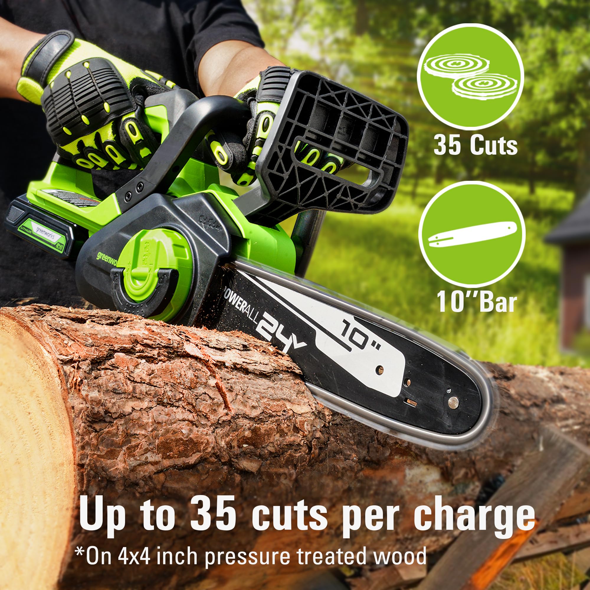 Greenworks 24V cordless chainsaw with battery and charger