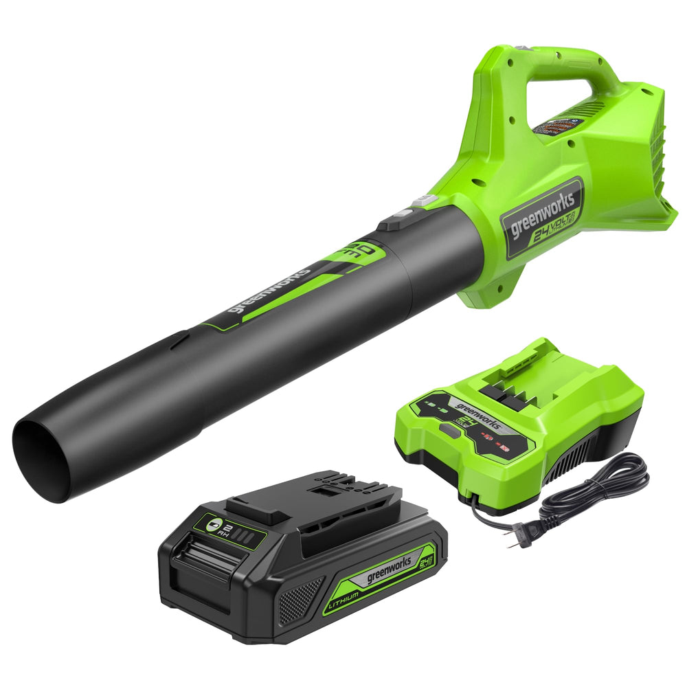Greenworks 24V Cordless Leaf Blower front view with battery