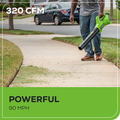 Greenworks 24V Leaf Blower on patio clearing leaves