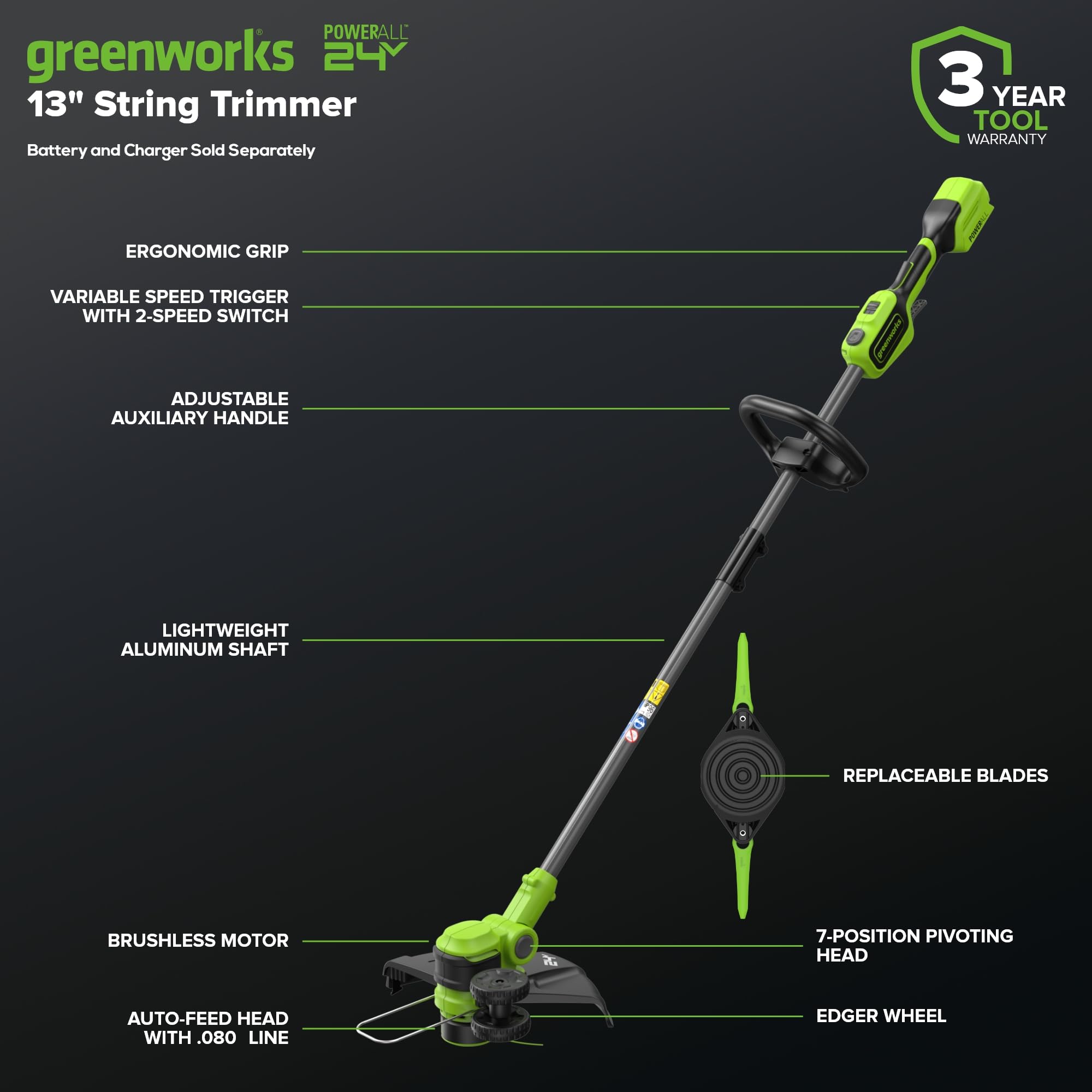 Greenworks 24V String Trimmer side view with blades