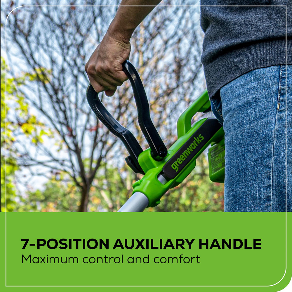 Greenworks 40V Cordless String Trimmer showing auto feed line feature