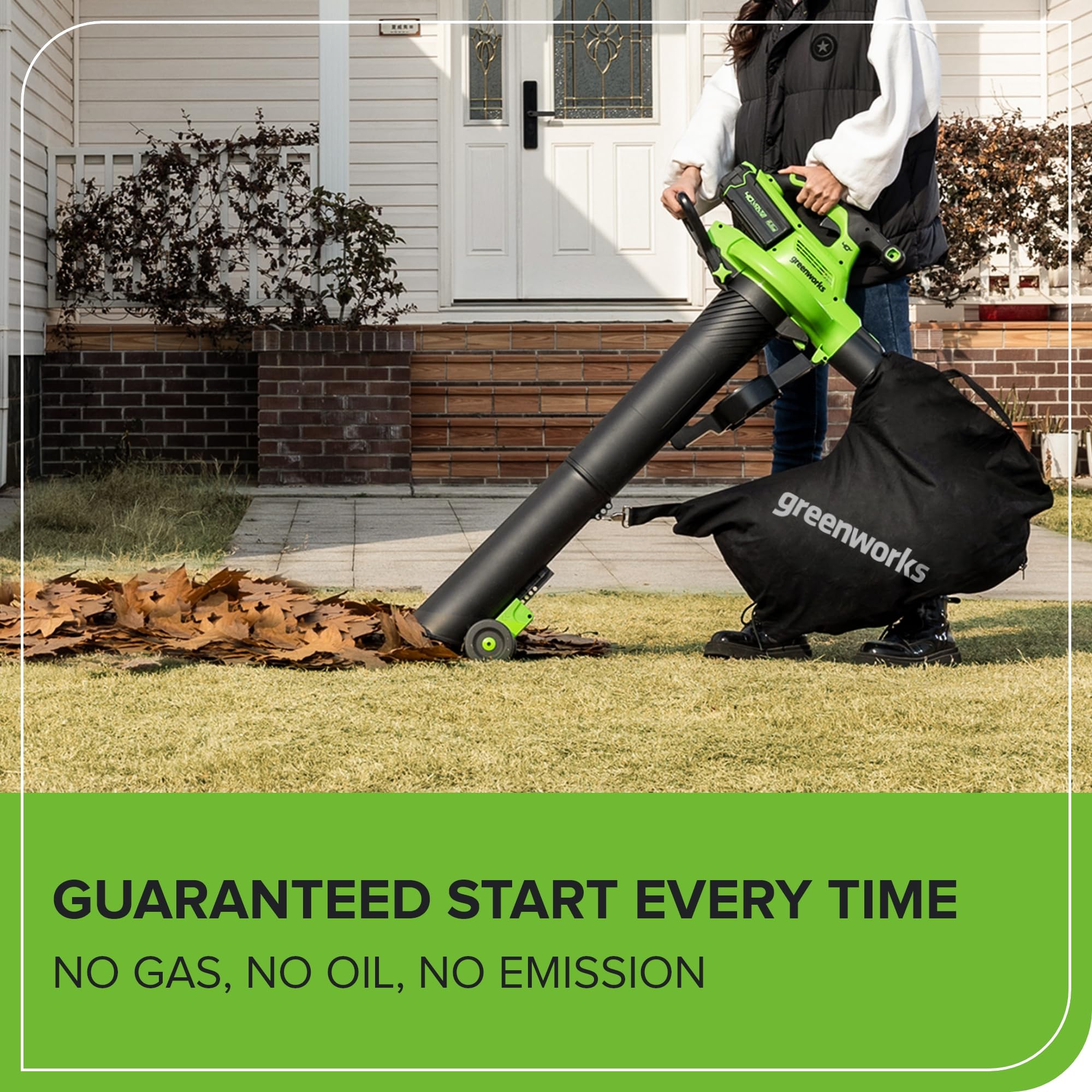 Greenworks 40V Leaf Blower/Vacuum in use clearing leaves