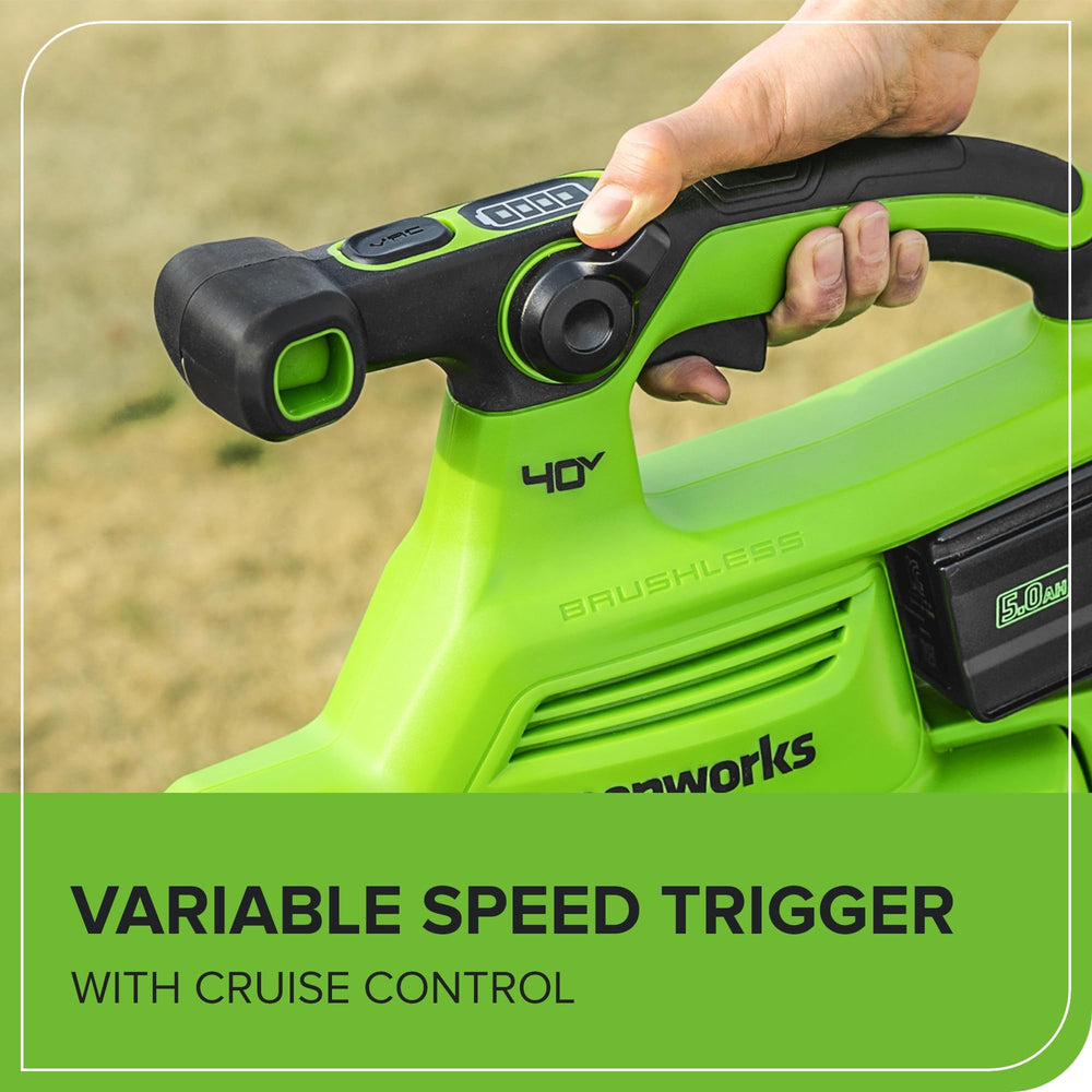 Greenworks 40V Leaf Blower/Vacuum showing 505 CFM power