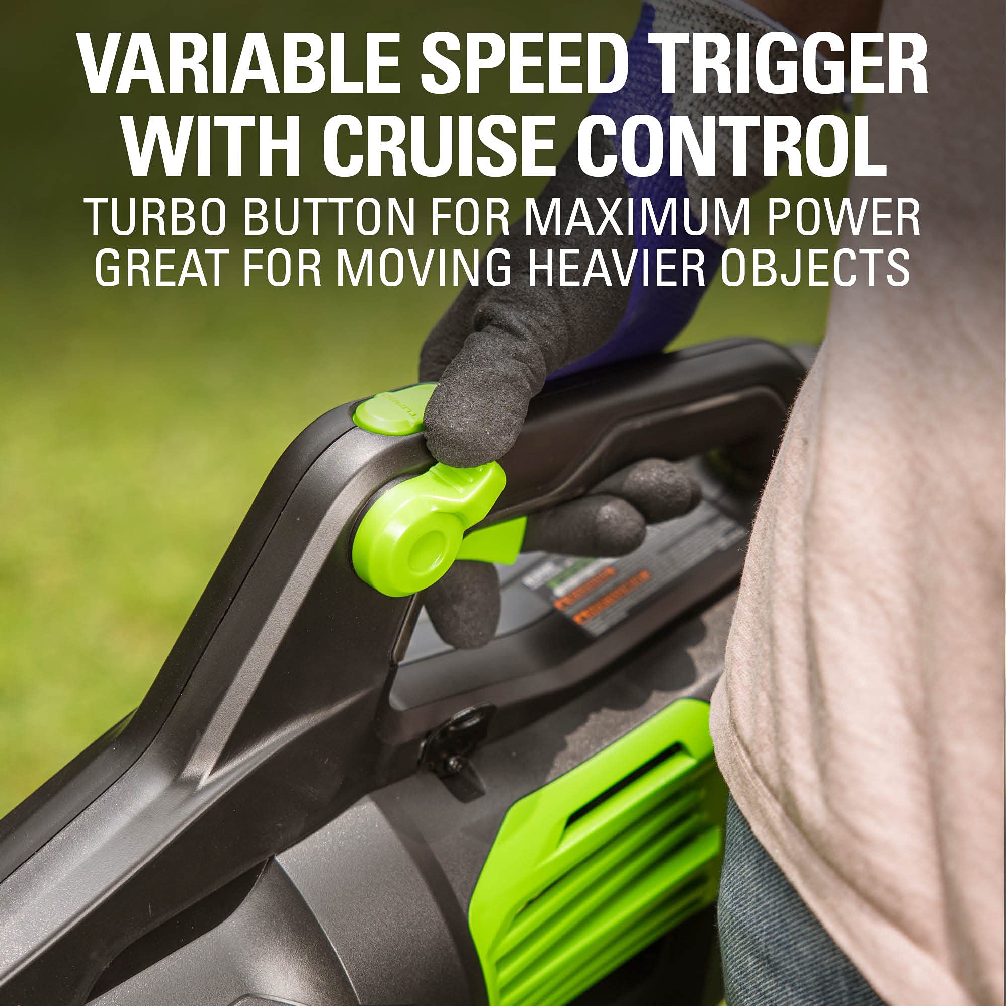 Greenworks 80V Leaf Blower displaying turbo power feature