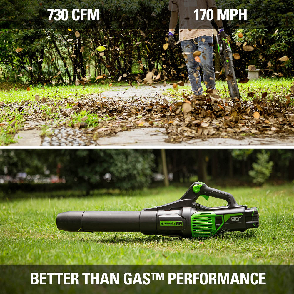 Greenworks 80V Leaf Blower in use on a patio with leaves