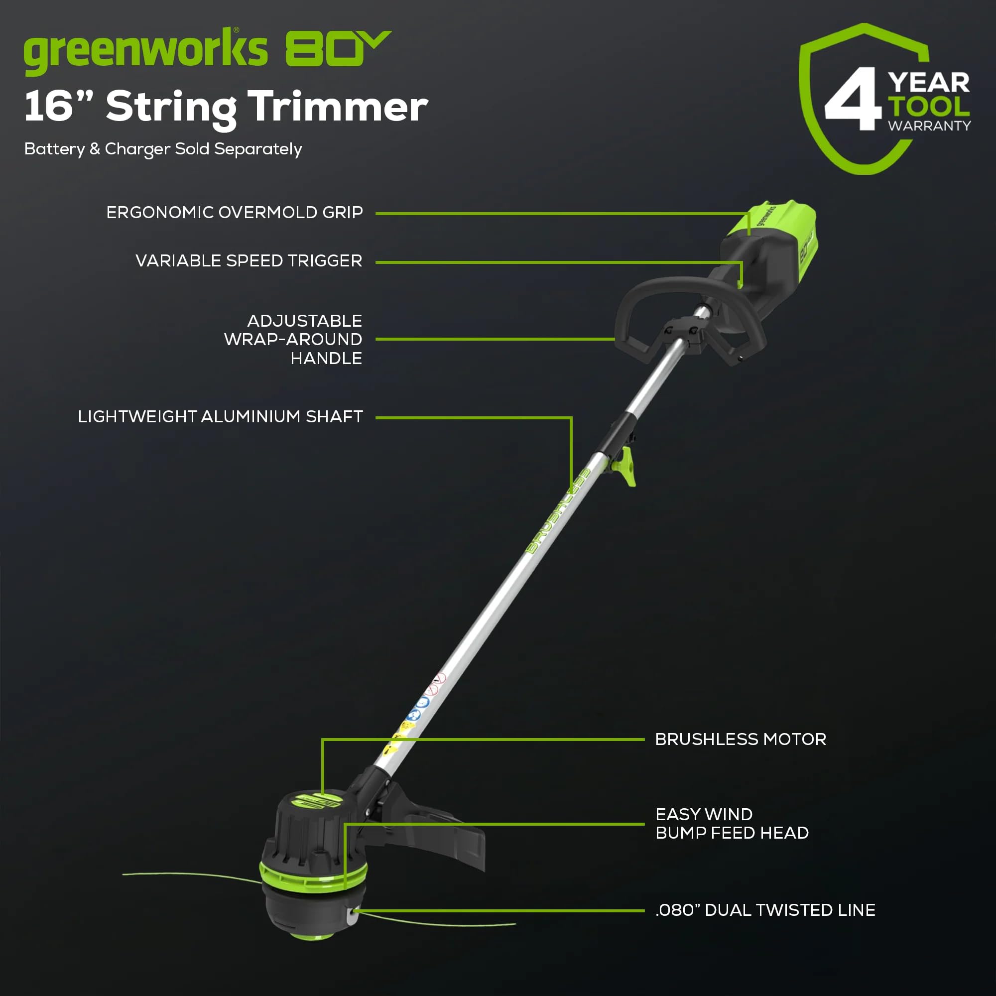 Greenworks 80V String Trimmer side view with cutting line