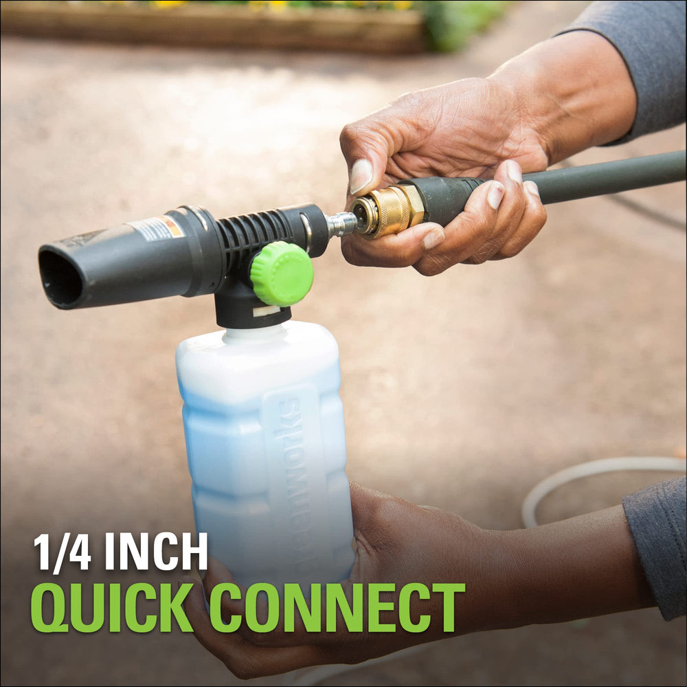 Greenworks High Pressure Soap Applicator in use on a patio