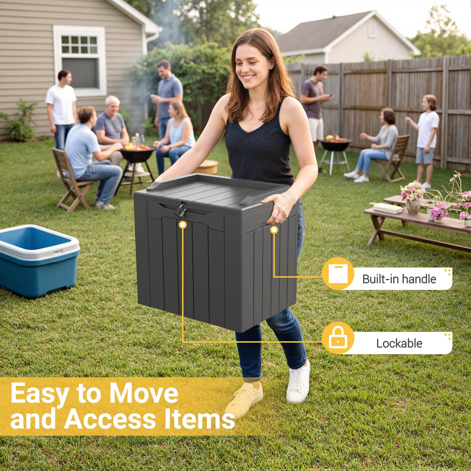Greesum outdoor storage box used as a side table