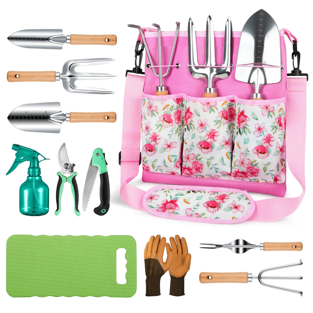 Grenebo 11-piece gardening tools set in pink with crossbody bag