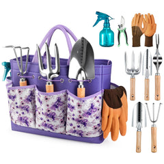 Grenebo 9-piece gardening tools set with purple tote bag