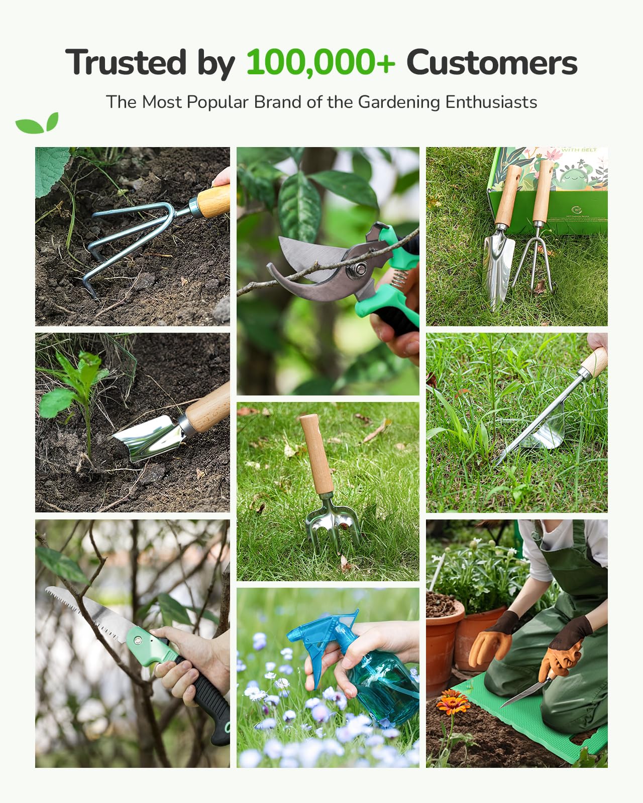 Grenebo gardening tools set laid out on a garden table