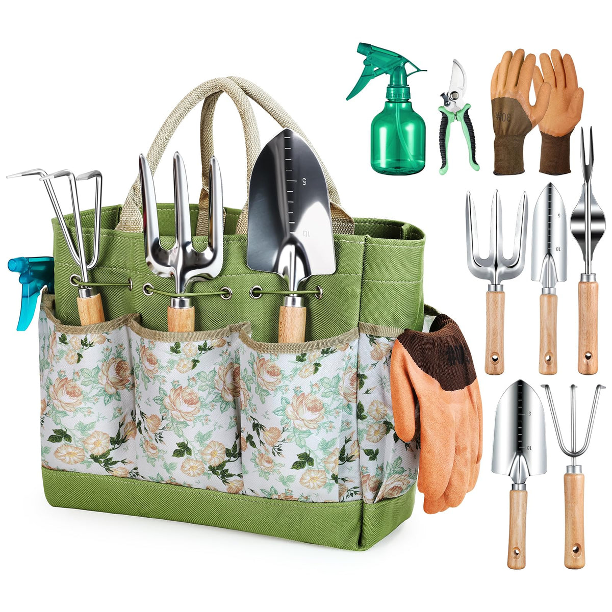 Grenebo Gardening Tools Set with 8 tools and tote bag