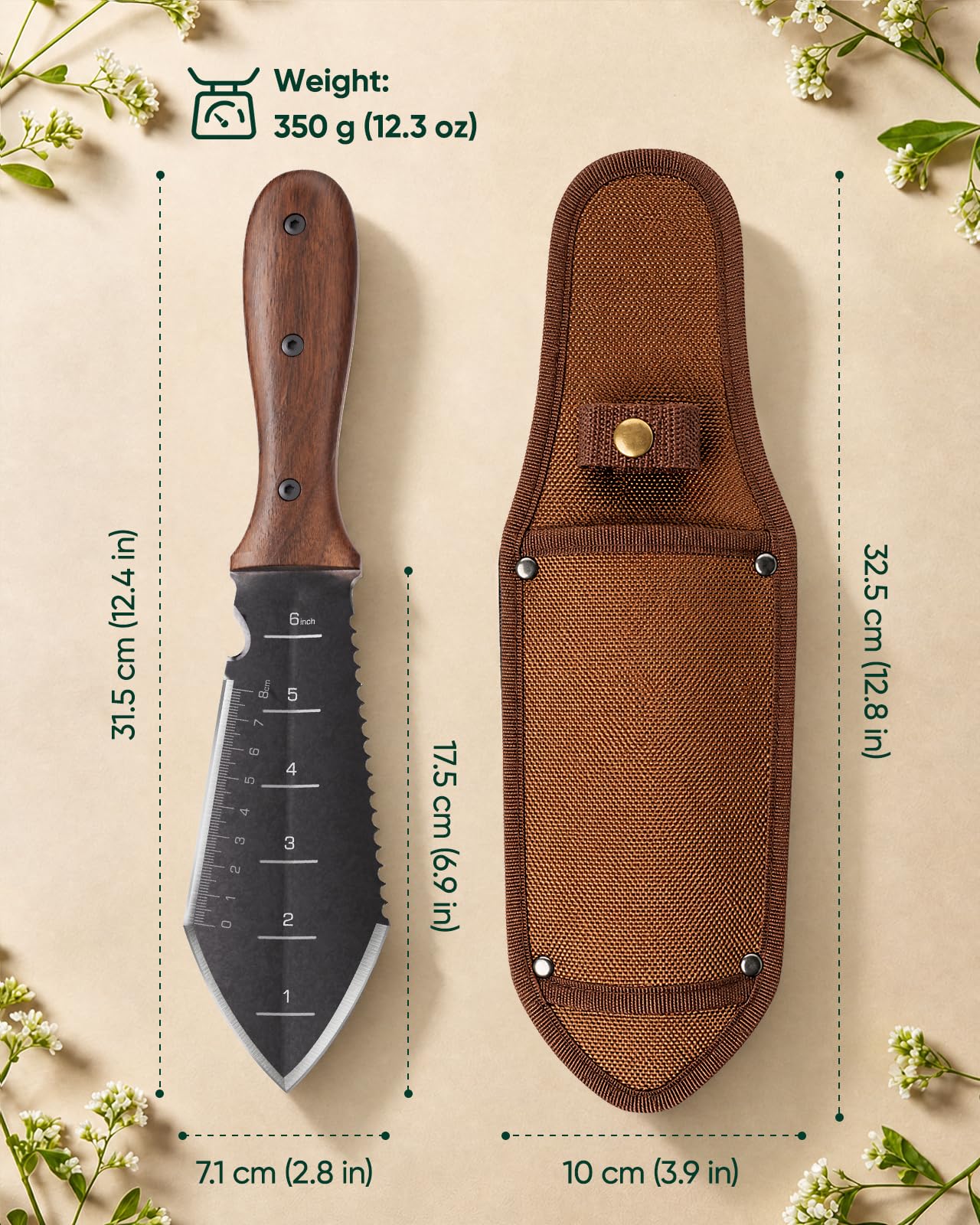 Grenebo Hori Hori Garden Knife on a garden table with soil
