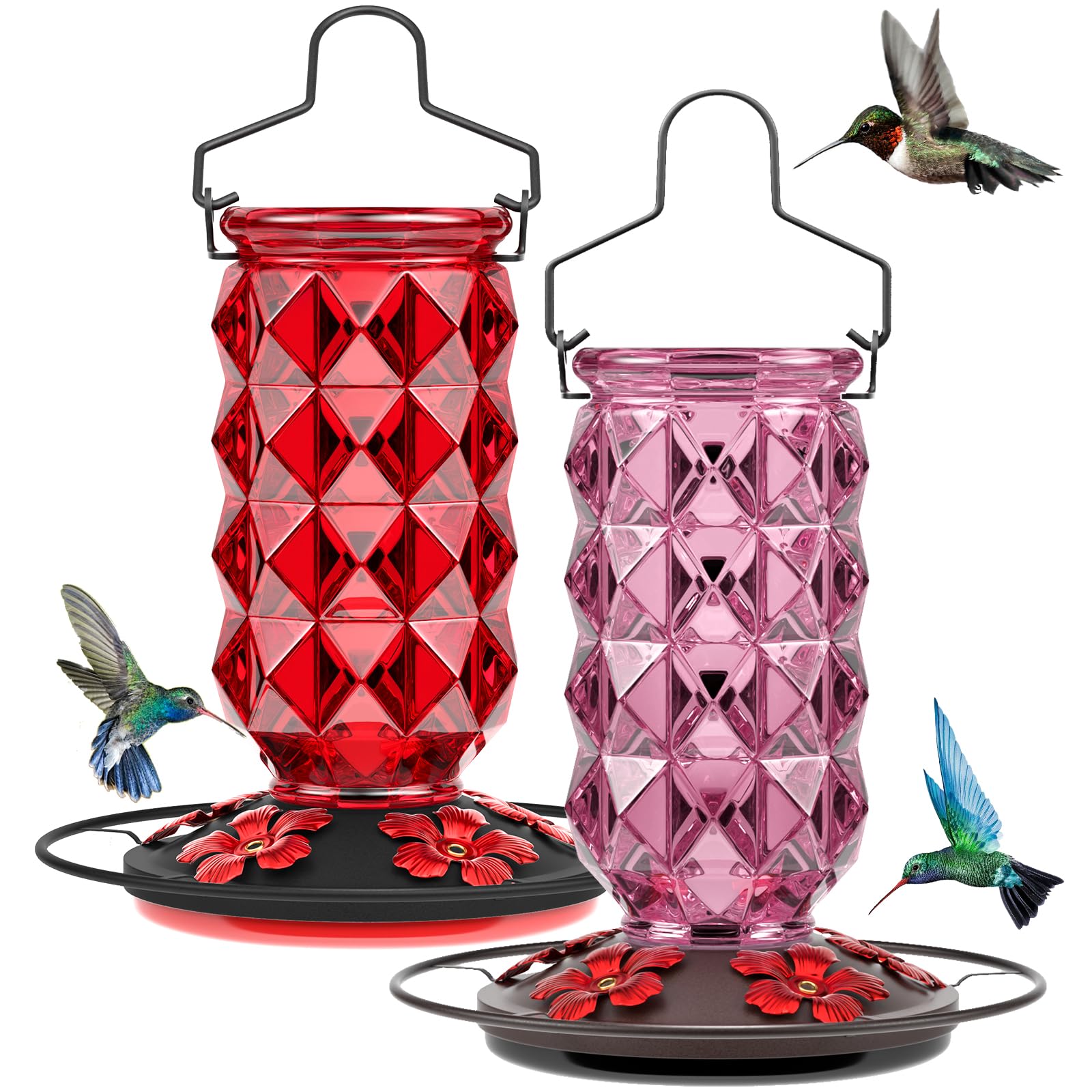 Grete Gotye 2 Pack Glass Hummingbird Feeders in Red and Pink