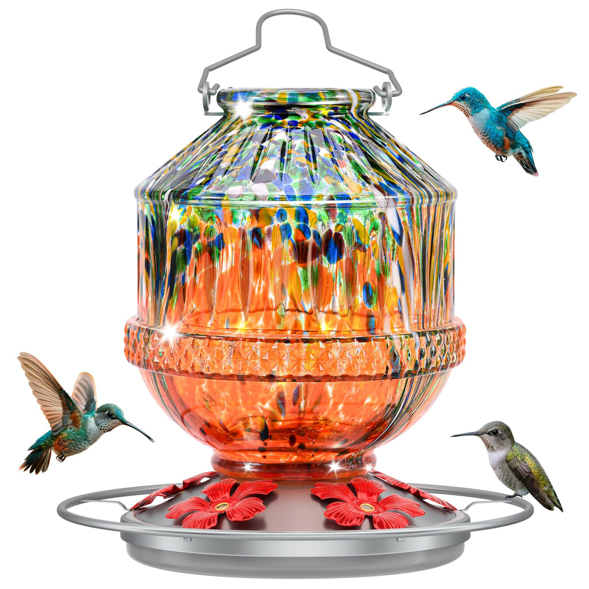 Grete Gotye Blown Glass Hummingbird Feeder front view, Vitality Orange