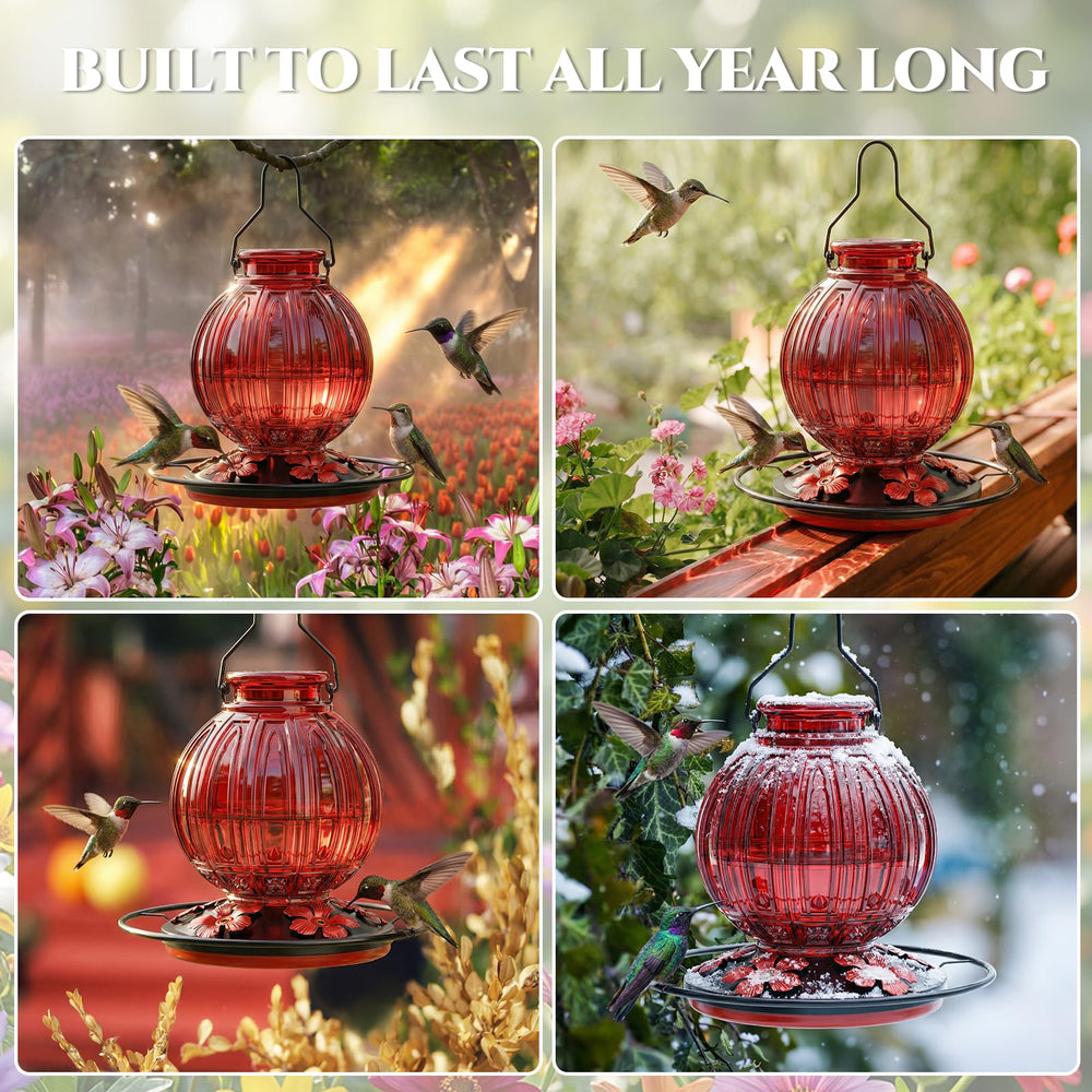 Grete Gotye Glass Hummingbird Feeder displayed in a cozy backyard setting
