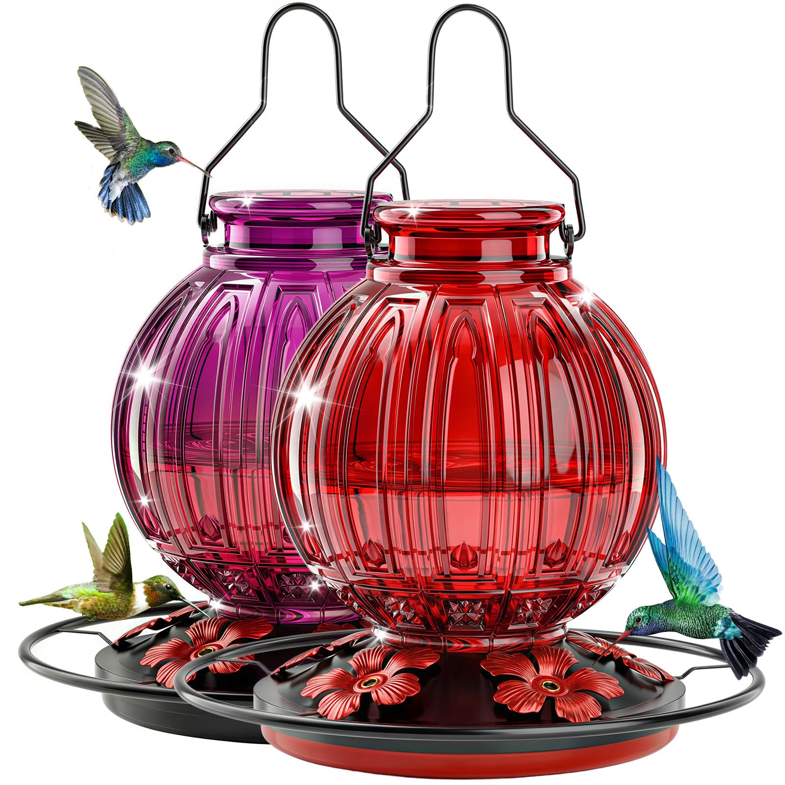 Grete Gotye Glass Hummingbird Feeder in Red + Purple Red, front view