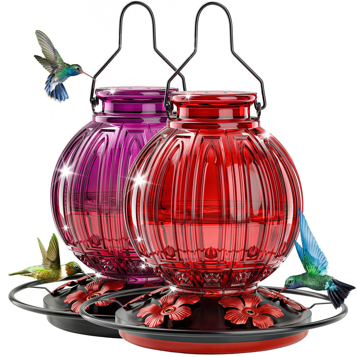 Grete Gotye Glass Hummingbird Feeder in Red + Purple Red, front view