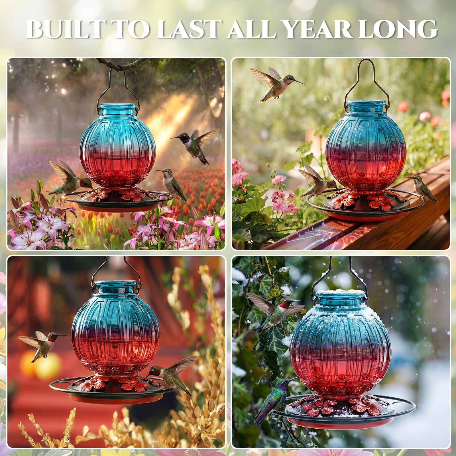 Grete Gotye hummingbird feeder in a backyard with hummingbirds