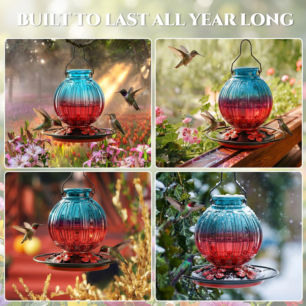 Grete Gotye hummingbird feeder in a backyard with hummingbirds