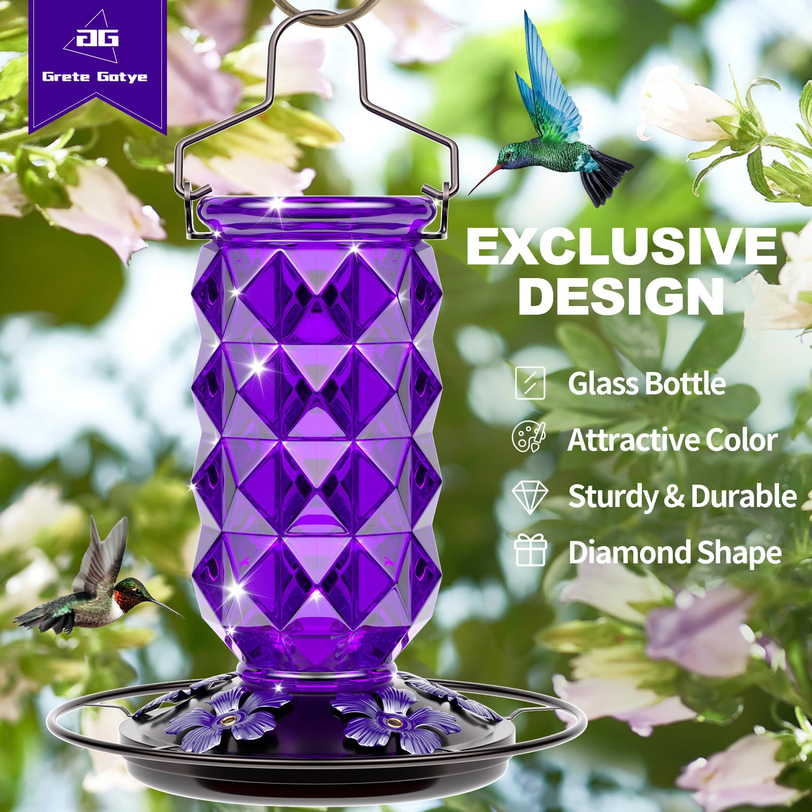 Grete Gotye hummingbird feeder with clear glass and flower ports