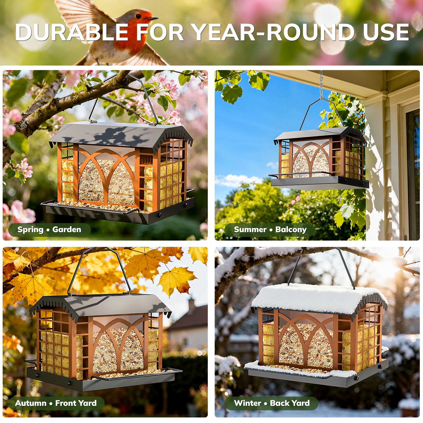 Grete Gotye Metal Bird Feeder displayed in a garden setting