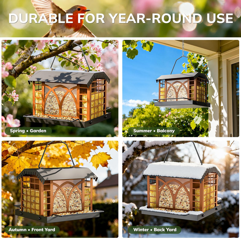 Grete Gotye Metal Bird Feeder displayed in a garden setting
