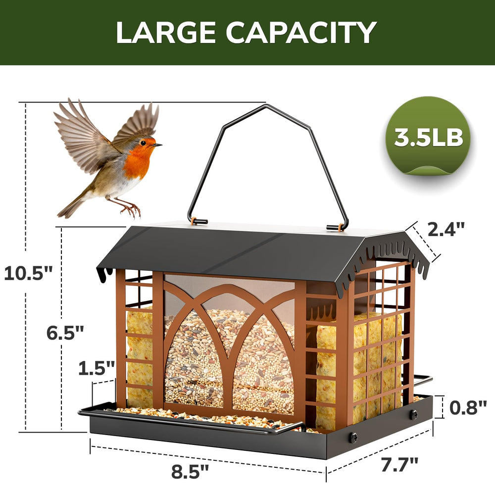 Grete Gotye Metal Bird Feeder filled with seeds and perched birds