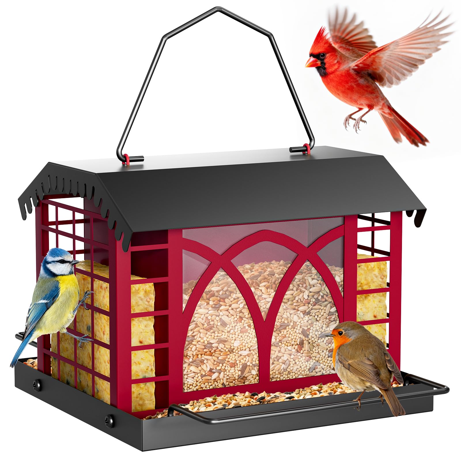 Grete Gotye Metal Bird Feeder front view, berry red