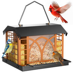 Grete Gotye Metal Bird Feeder front view in Pinecone Brown