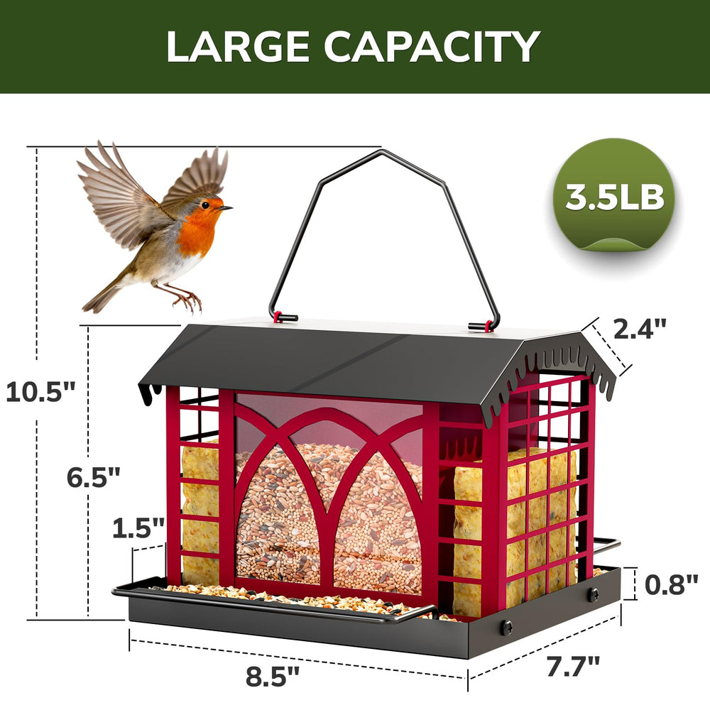 Grete Gotye Metal Bird Feeder showing weatherproof roof and drainage holes