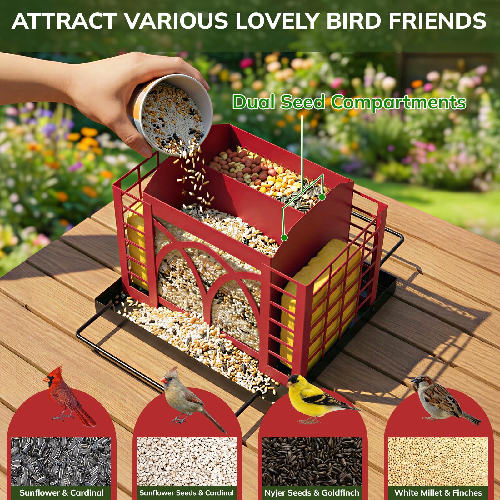 Grete Gotye Metal Bird Feeder side view with suet cages