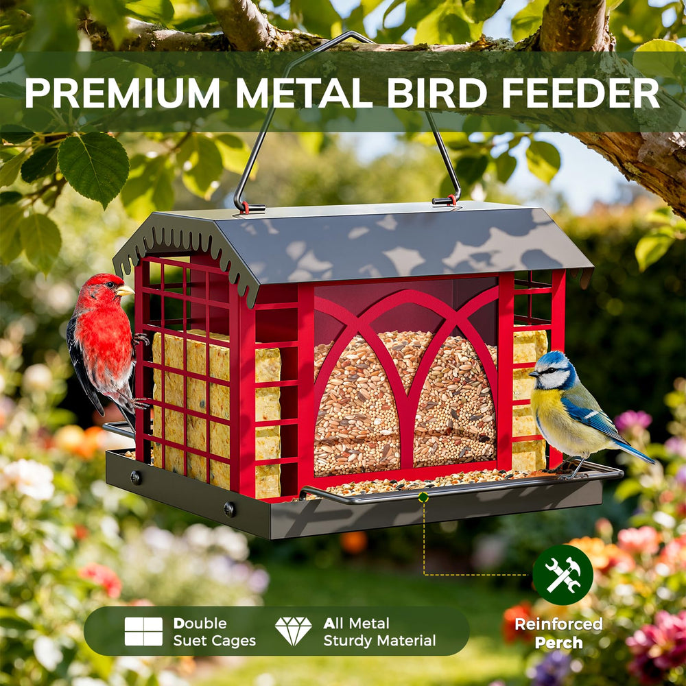 Grete Gotye Metal Bird Feeder with lid open for filling